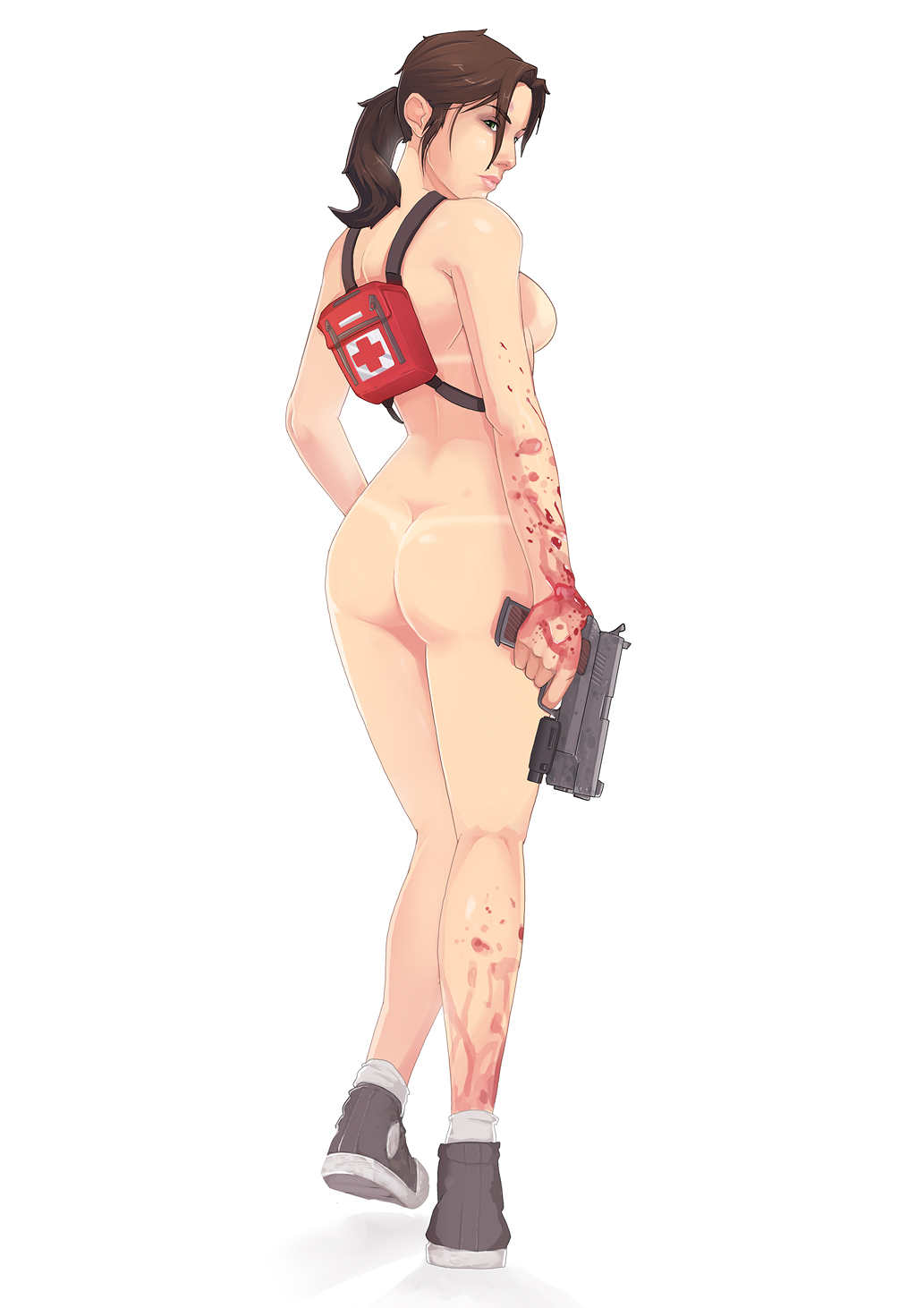1girl ass bad_id bikini_tan blood breasts brown_hair converse curvy female female_only first_aid_kit flashlight from_behind full_body green_eyes gun handgun highres left_4_dead littleowler long_hair looking_back nude owler pistol ponytail shoes sideboob sneakers socks solo solo_female tan tan_line weapon yellow_eyes zoey_(left4dead)
