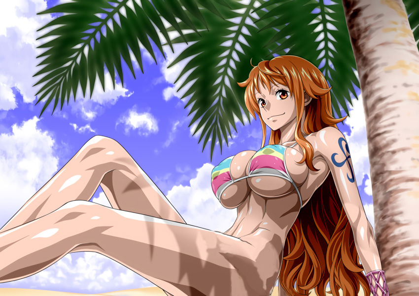 1girl alluring arm_support arm_tattoo bare_legs bare_shoulders beach big_breasts bikini blue_sky bracelet breasts closed_mouth cloud collarbone day feet_out_of_frame jewelry knees_up leaning_back long_hair looking_at_viewer multicolored_bikini multicolored_clothes naked_from_the_waist_down nami_(one_piece) nel-zel_formula one_piece orange_eyes orange_hair out_of_frame outside palm_leaf palm_tree photoshop_(medium) sand shiny shiny_skin side-tie_bikini sitting sky smile stomach striped striped_bikini swimsuit tattoo thighs tight toned tree under_boob very_long_hair