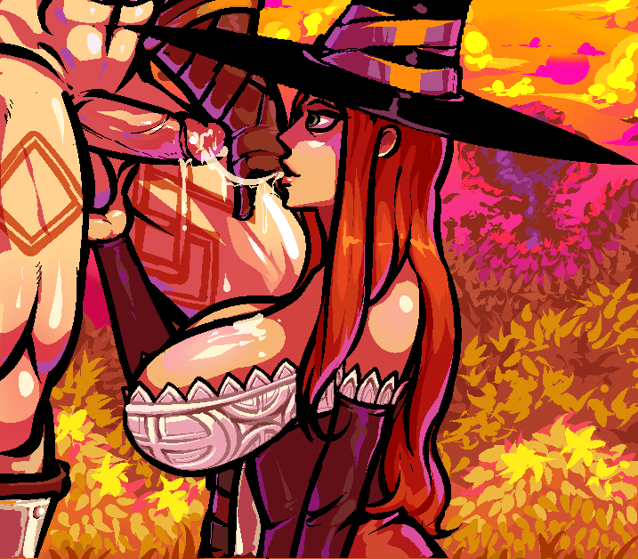 1girl 2girls abs amazon_(dragon's_crown) breasts brown_hair caressing_testicles cleavage cum detached_sleeves dragon's_crown fellatio futanari gloves hair hat headgear huge_breasts intersex long_hair multiple_girls muscle oral penis s-purple saliva_trail sorceress_(dragon's_crown) witch_hat