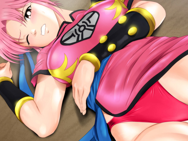 1girl big_breasts blush dragon_quest dragon_quest_dai_no_daibouken female female_focus female_only maam one_eye_closed one_eye_open pink_hair rent_genhachiro solo solo_female solo_focus thick_thighs thighs