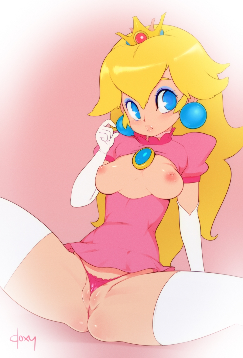 1girl ass blonde_hair blue_eyes blush breasts breasts_outside crown doxy earrings elbow_gloves eyeshadow g-string gloves jewelry labia leggings long_hair makeup mario_(series) micro_panties nintendo nipples panties partially_visible_vulva presenting princess_peach pussy ribbon small_breasts solo source_request spread_legs super_mario_bros. testicles thighhighs thong uncensored underwear wedgie white_legwear