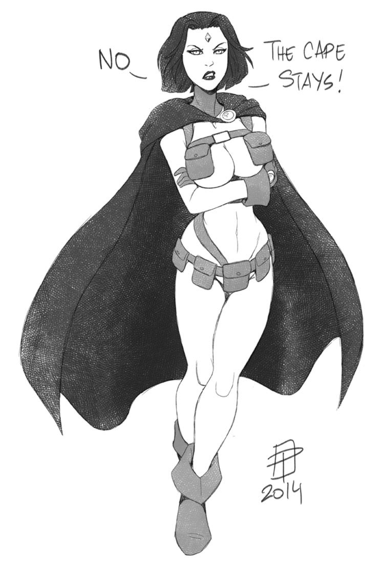 1girl 2014 ankle_boots belt big_breasts boots breasts callmepo cape character_request cleavage cosplay crossed_arms dc_comics female female_only forehead_jewel gloves harness kill_la_kill lips monochrome nudist_beach_uniform pinupsushi raven_(cosplay) raven_(dc) short_hair solo solo_female teen_titans thigh_gap underboob utility_belt