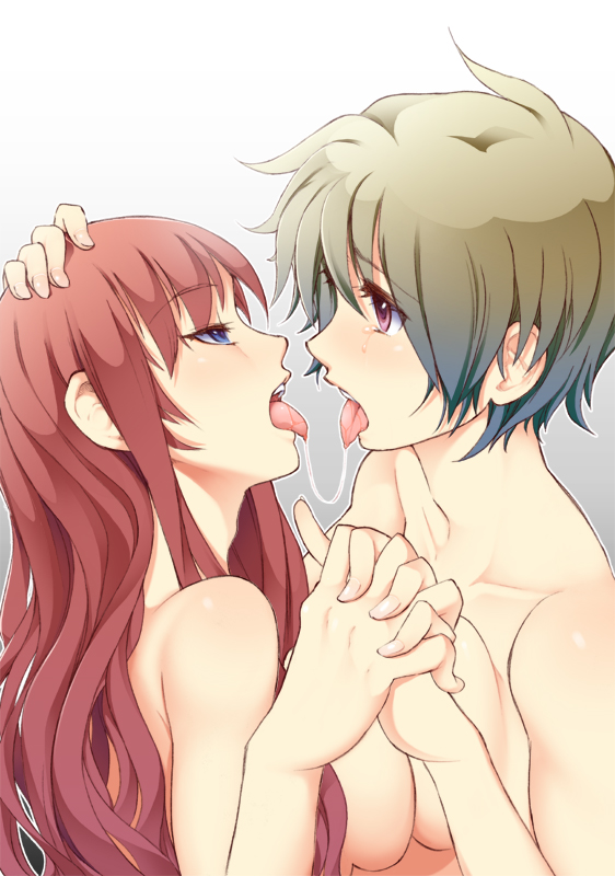 2girls after_kiss akihazama arm arms art babe bad_id bare_arms bare_shoulders blue_eyes breast_press breasts collarbone couple eye_contact french_kiss grey_hair hand_holding hand_on_another's_head hand_on_head interlocked_fingers kissing long_hair looking_at_another multiple_girls mutual_yuri neck nude original petting purple_eyes red_hair saliva saliva_trail short_hair symmetrical_docking tears tongue tongue_out upper_body yuri