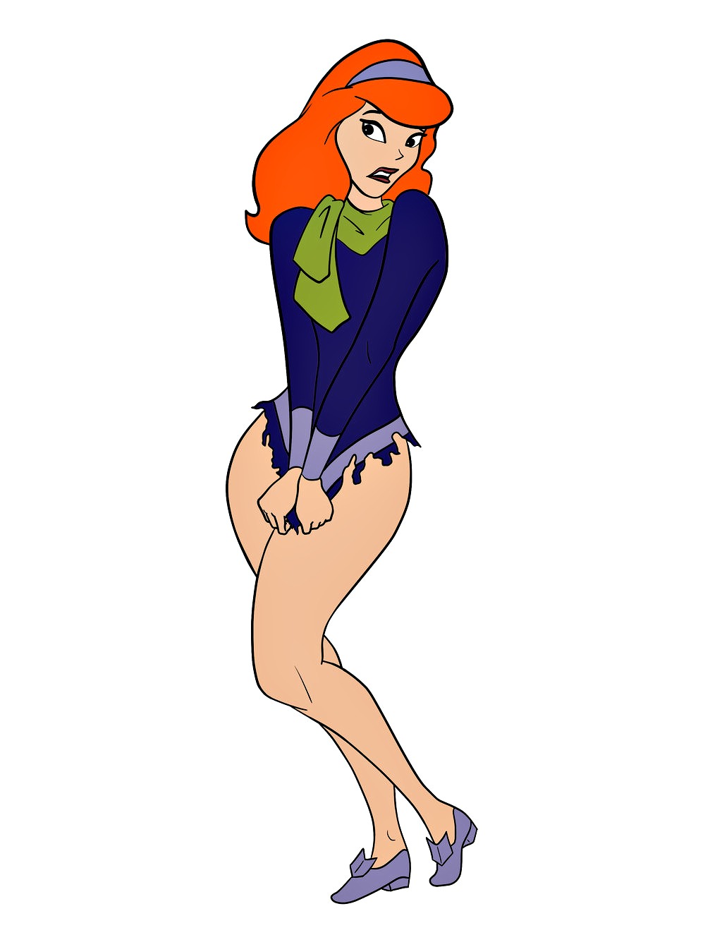 bottomless clothed covering_crotch daphne_blake dress embarrassed hairband no_panties red_hair scooby-doo shoes torn_clothes torn_clothing
