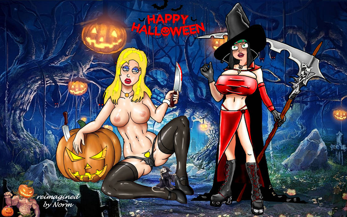 american_dad big_breasts boots erect_nipples francine_smith halloween hayley_smith huge_breasts jack-o'-lantern norm normal9648 stockings thighs thong witch_costume