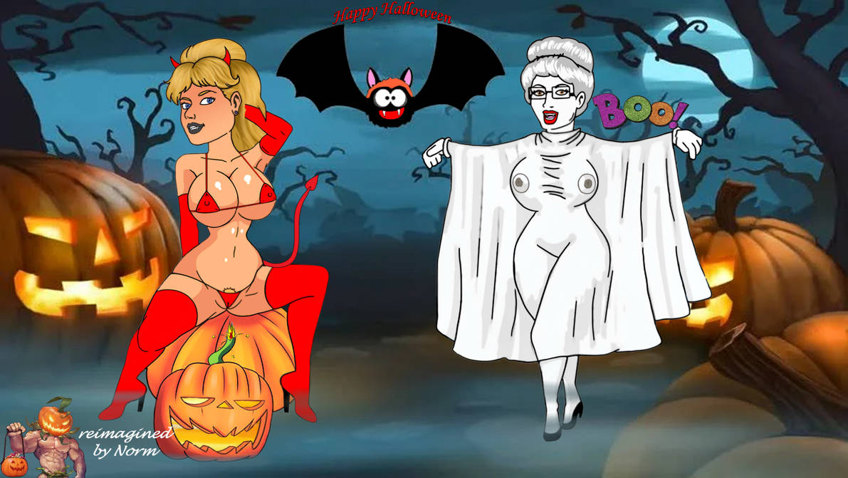 breasts cameltoe costume devil_costume erect_nipples_under_clothes ghost_costume glasses halloween jack-o'-lantern king_of_the_hill luanne_platter nipples_visible_through_clothing norm normal9648 peggy_hill stockings thighs thong
