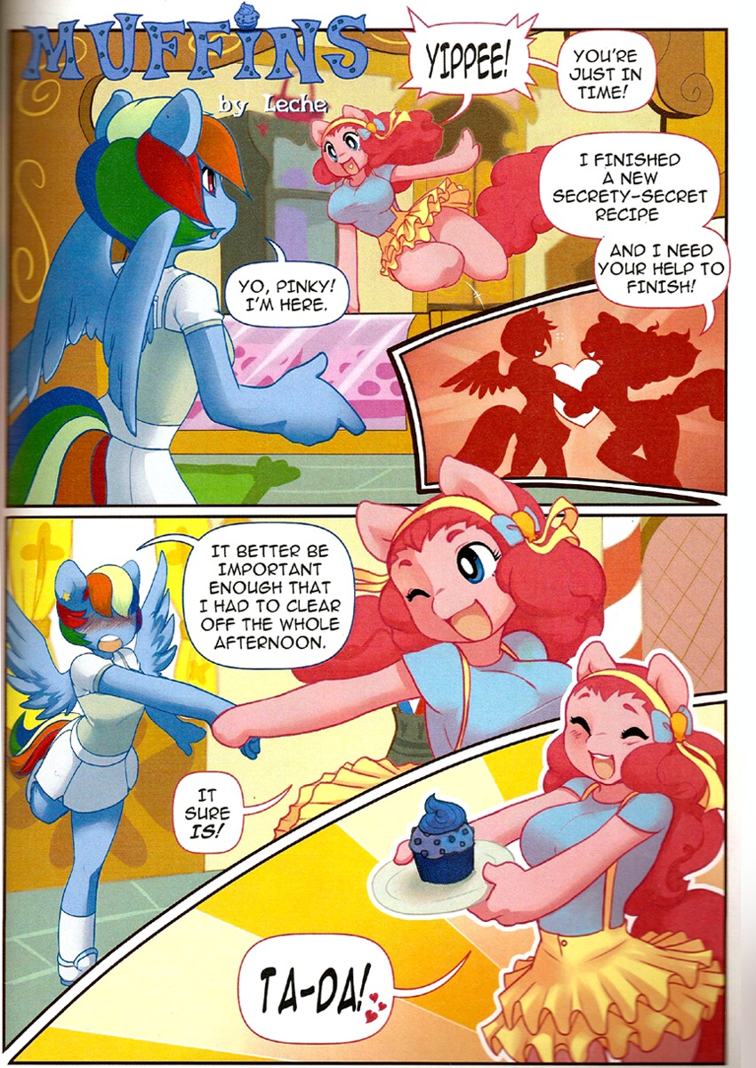 2girls anthro comic friendship_is_magic hoofbeat leche_(artist) muffins my_little_pony pinkie_pie rainbow_dash yuri