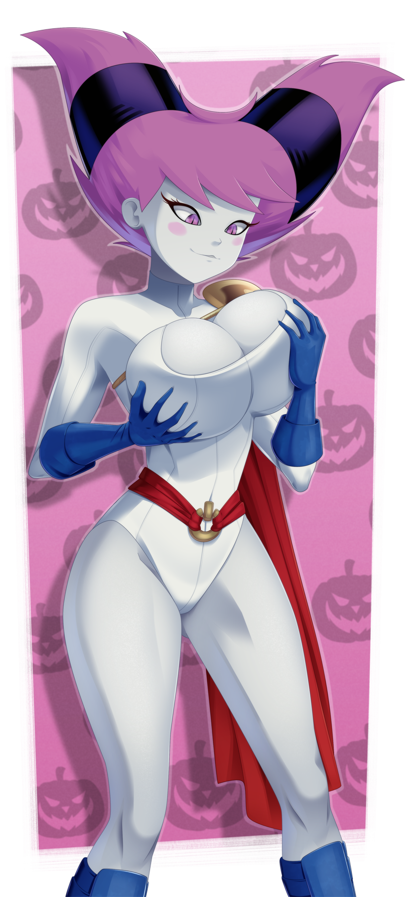 1girl 1girl big_breasts big_breasts breasts cosplay dc_comics female_only halloween halloween_costume holding_breast jinx power_girl power_girl_(cosplay) ravenravenraven teen_titans thick_thighs