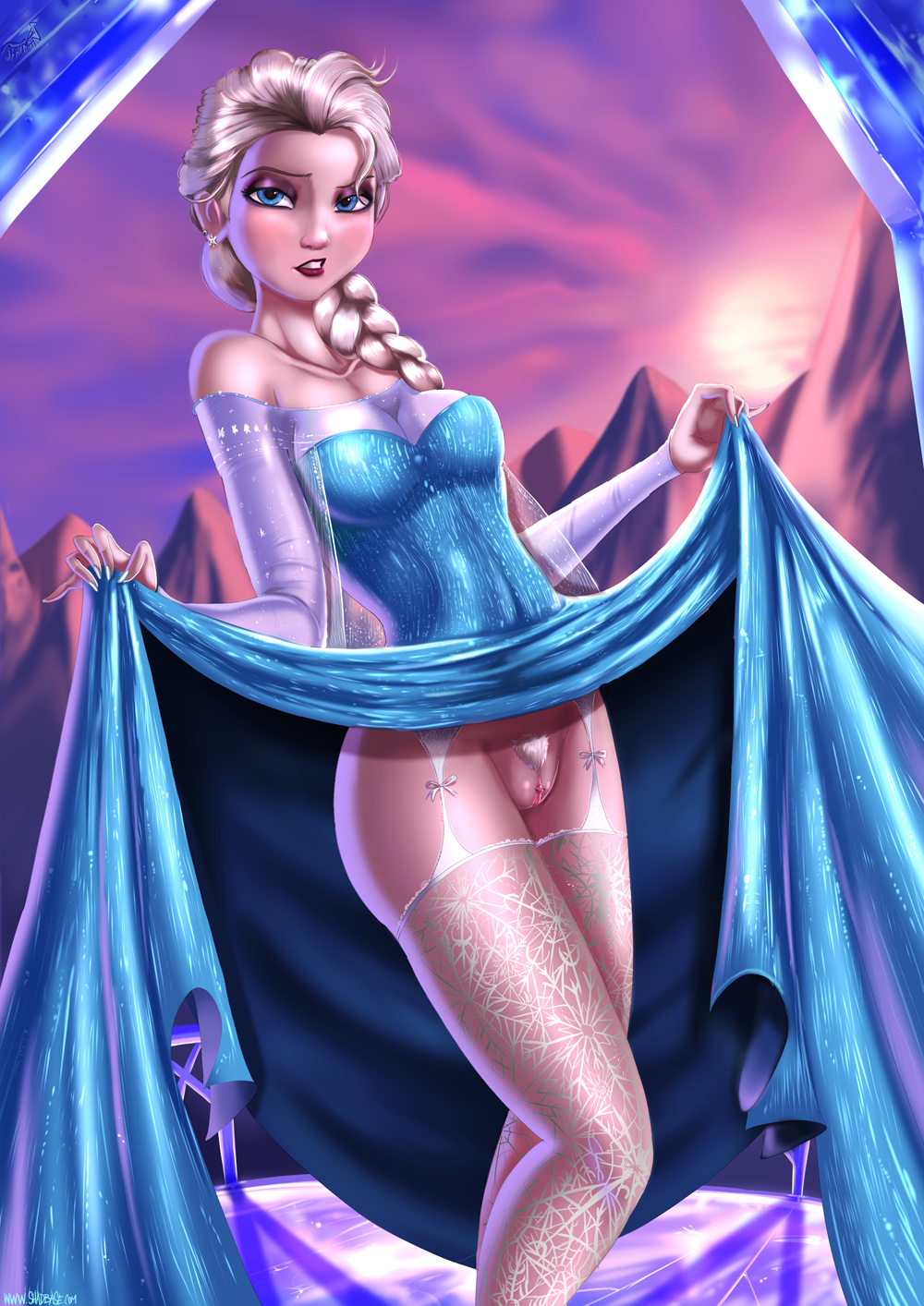 1girl bare_shoulders blonde_hair blue_eyes braid breasts cleavage detached_sleeves disney dress dress_lift earrings elsa_(frozen) eyeshadow frozen_(movie) garter_straps hair highres jewelry lipstick long_hair looking_at_viewer makeup medium_breasts nail_polish no_panties piercing pinky_out pussy see-through shadman skirt_lift solo stockings thighhighs