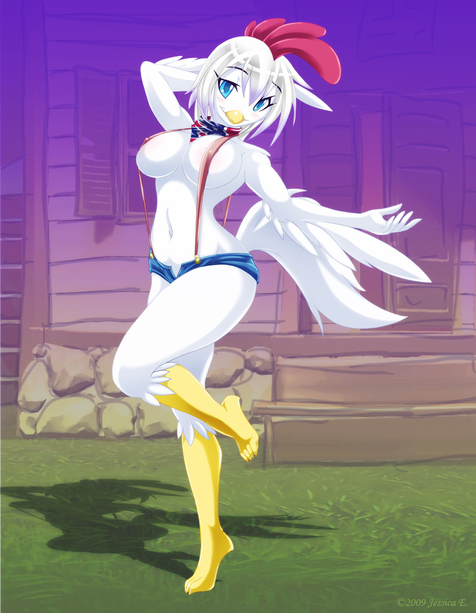 avian background beak belly blue_eyes breasts chicken cute feathers female jessica_elwood_(artist) midriff navel nude pussy shorts solo standing suspenders wings