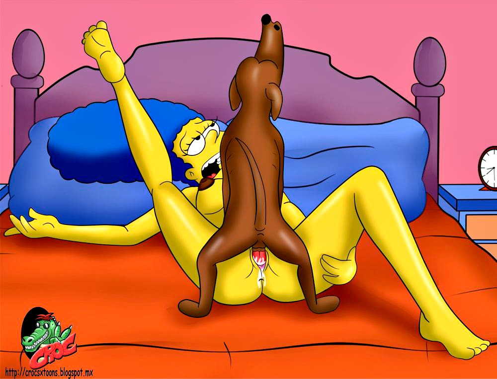beastiality breasts crocsxtoons_(artist) dark_nipples dog_penis marge_simpson penis_in_pussy santa's_little_helper sex_on_bed the_simpsons yellow_skin