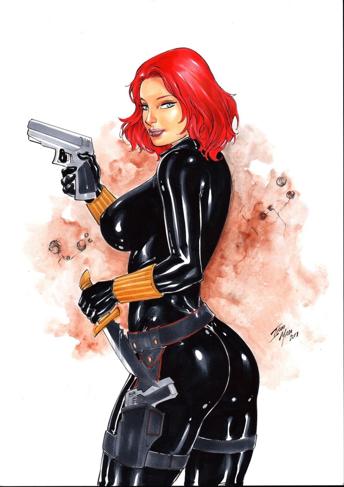 1girl 2018 abstract_background ass assassin avengers big_ass big_breasts black_bodysuit black_gloves black_latex black_leather black_widow blue_eyes bodysuit breasts comic_book_character curvaceous curvy dagger dat_ass dated ed_benes_studio erect_nipples erect_nipples_under_clothes eyeshadow female_only from_behind gloves gun holding_gun holding_knife holding_pistol holding_weapon human iago_maia knife latex leather leather_gloves makeup marvel marvel_comics mascara natasha_romanoff nipple_bulge nipples pinup pistol pouch red_hair s.h.i.e.l.d. short_hair signature skintight_bodysuit solo_female solo_focus spy superheroine tagme thick_ass thick_thighs thighs voluptuous weapon widow's_bite