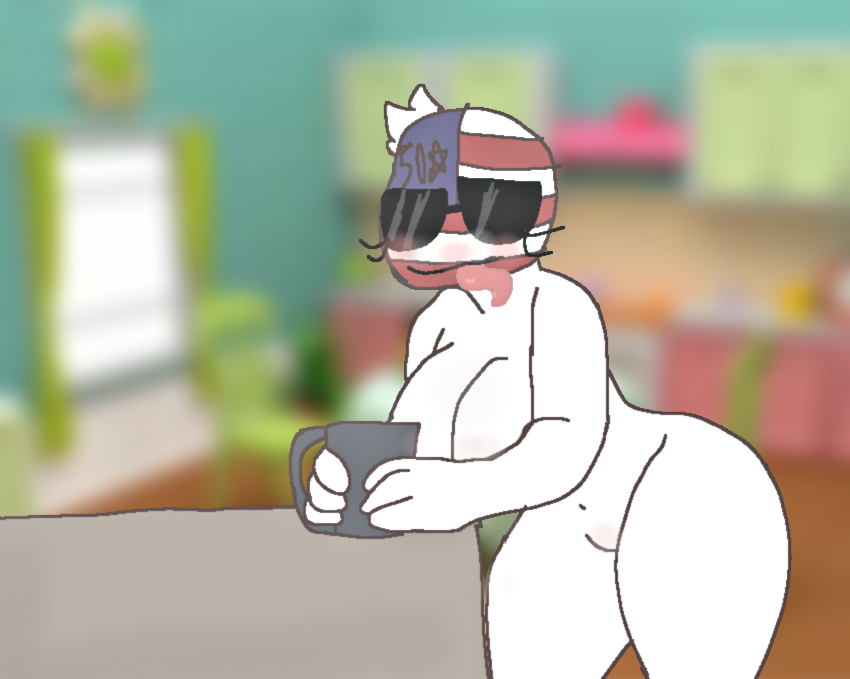 1girl ass big_ass countryhumans countryhumansgorl cup female_only flag flawsyfag humanoid kitchen mature_female pussy_blush tongue tongue_out united_states_of_america_(countryhumansgorl)