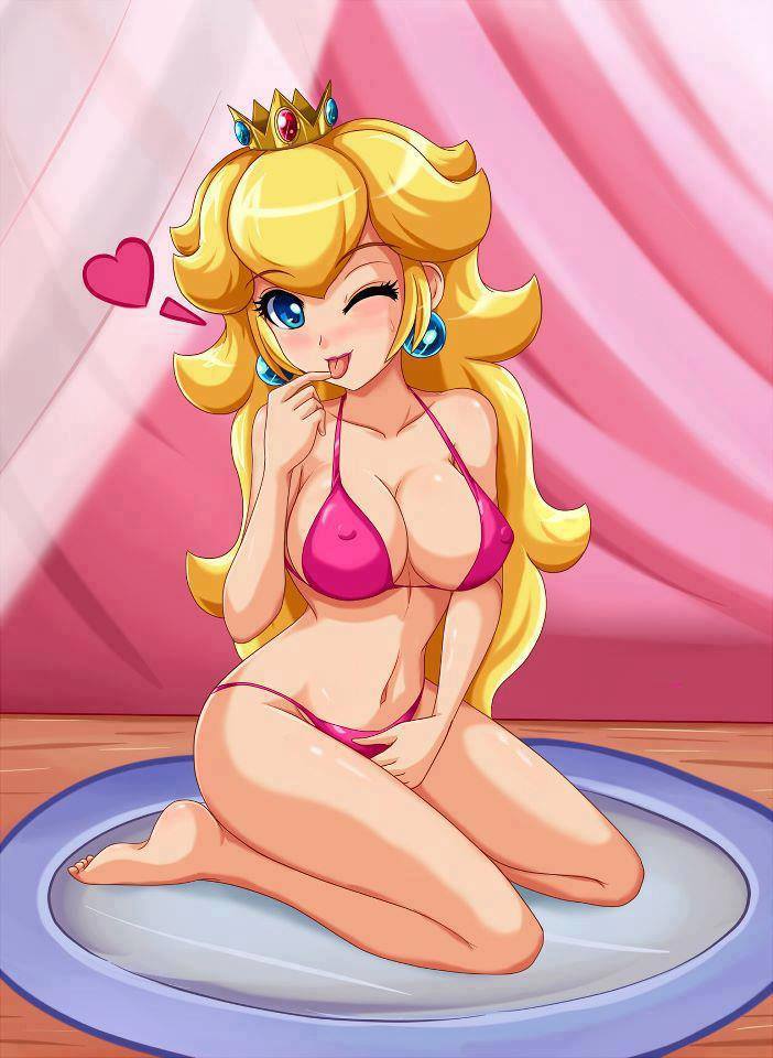 1girl arm_support beach big_breasts bikini blonde blonde_hair blue_eyes blush breasts cleavage cloud crown day earrings front-tie_top hair hand_on_hip highres hips jewelry large_breasts long_hair looking_at_viewer mario_(series) navel ocean open_mouth outdoors princess_peach side-tie_bikini_bottom sigurd_hosenfeld sky smile solo super_mario_bros. swimsuit