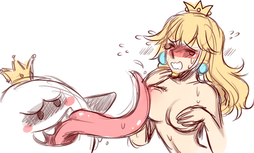 1girl blonde_hair blush boo boo_diddily breasts clavicle closed_eyes crown earrings hair jewelry king_boo lick licking mario_(series) nipple_lick nipples open_mouth princess_peach sketch super_mario_bros. tongue
