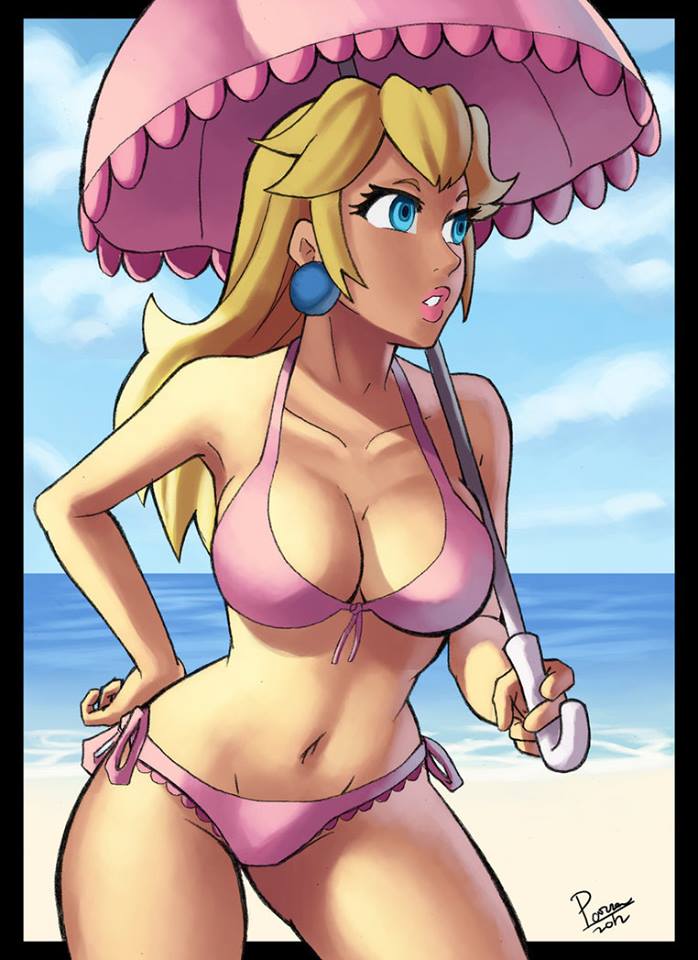 2012 beach bikini female female_only human mario_(series) nintendo parasol parsujera pink_bikini princess_peach signature solo super_mario_bros. swimsuit umbrella