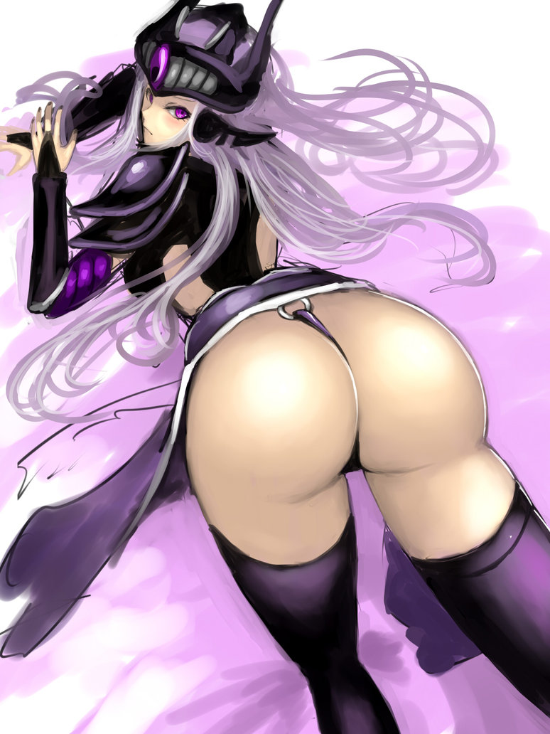 1girl ass big_breasts breasts covered_breasts female hetero kumiko_shiba league_of_legends long_hair looking_back purple_clothes purple_eyes purple_thighhighs silver_hair solo syndra thighhighs