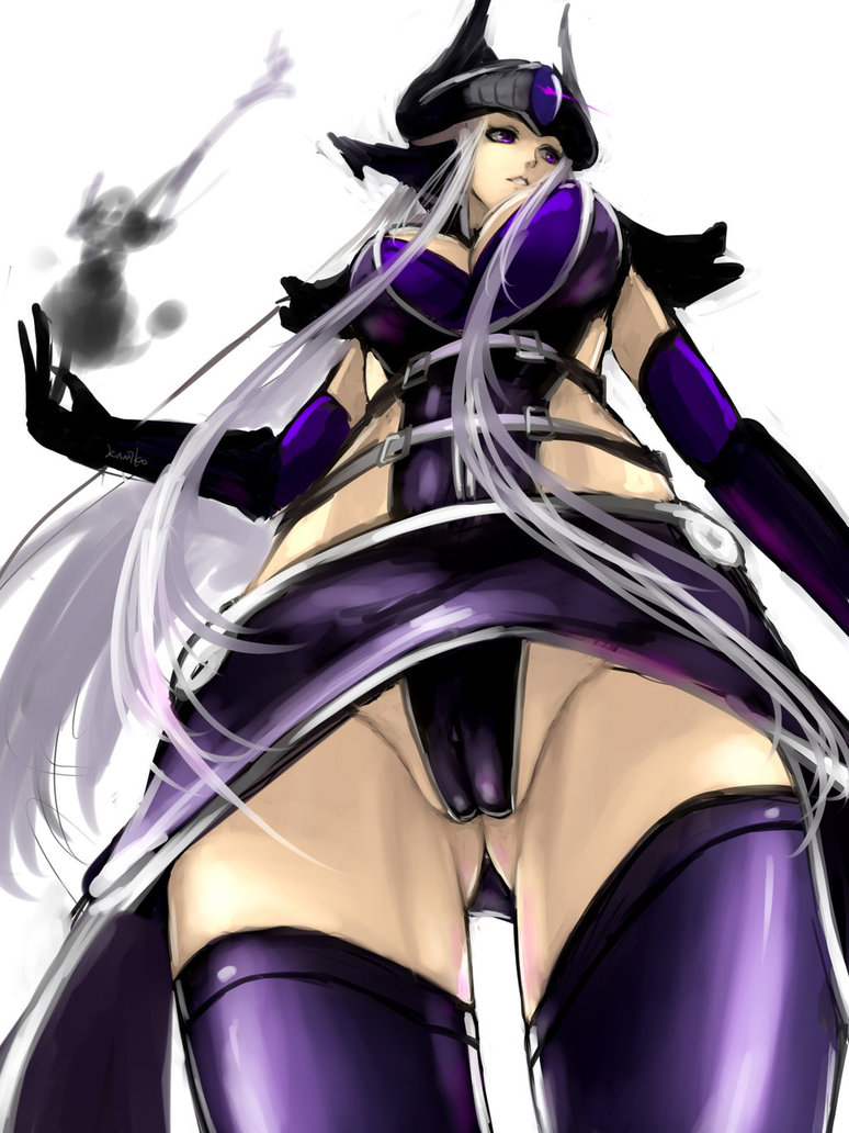 1girl big_breasts breasts cameltoe covered_breasts female hetero kumiko_shiba league_of_legends long_hair panty_shot purple_clothes purple_eyes purple_thighhighs silver_hair solo syndra thighhighs upskirt