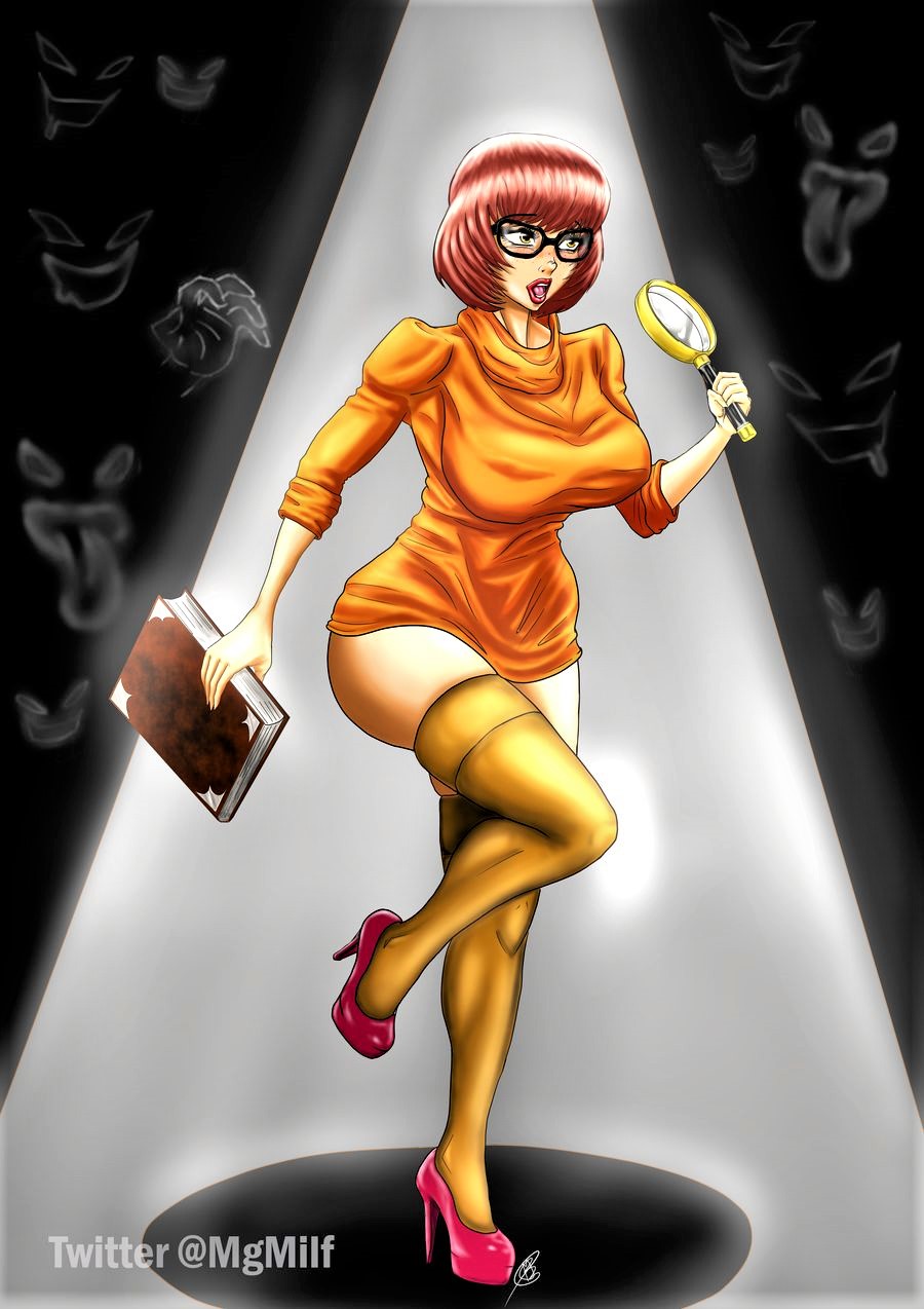 1girl ass bespectacled big_breasts book brown_hair eyebrows_visible_through_hair female female_human glasses high_heels magnifying_glass partially_clothed scooby-doo short_brown_hair short_hair standing stockings sweater thighs turbomilf velma_dinkley