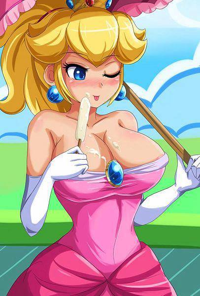 1girl ;p areola_slip areolae bare_shoulders blonde_hair blue_eyes blush breast_slip breasts cleavage clothing crown dress earrings elbow_gloves female female_only food gloves headwear jewelry large_breasts light-skinned light-skinned_female mario_(series) nintendo one_eye_closed outdoors popsicle princess_peach sexually_suggestive sigurd_hosenfeld sigurdhosenfeld solo super_mario_bros. tongue tongue_out umbrella wardrobe_malfunction wink