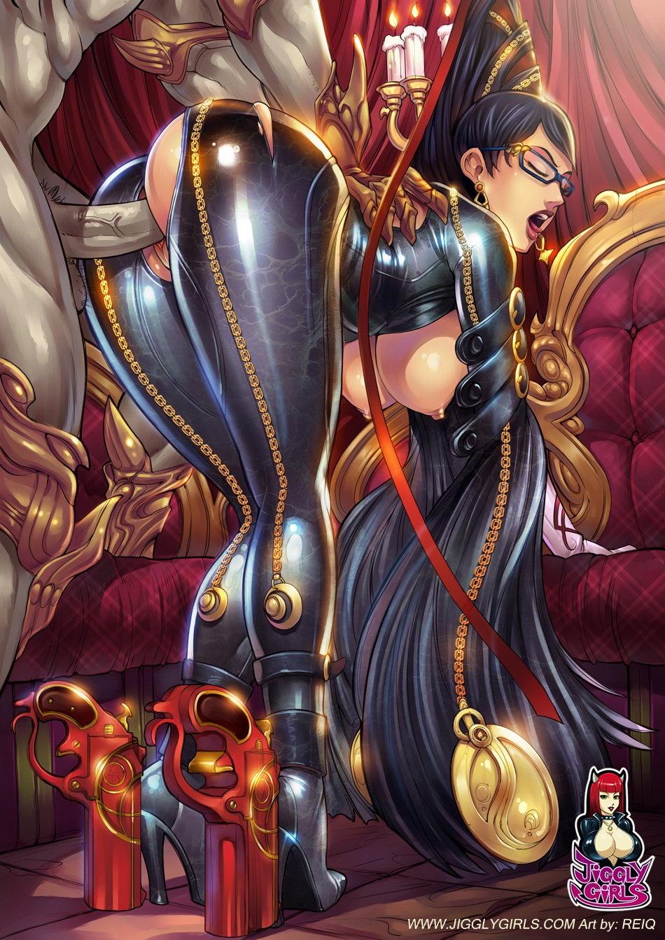 1boy 1girl ass bayonetta bayonetta_(character) bayonetta_(series) belt bent_over big_breasts black_hair bodysuit breasts candle closed_eyes clothed_sex copyright_name from_behind glasses hair_ornament hanging_breasts hetero high_heels huge_breasts jigglygirls long_hair nipples open_mouth penis pussy reiq sex tongue tongue_out torn_clothes uncensored vaginal veins veiny_penis