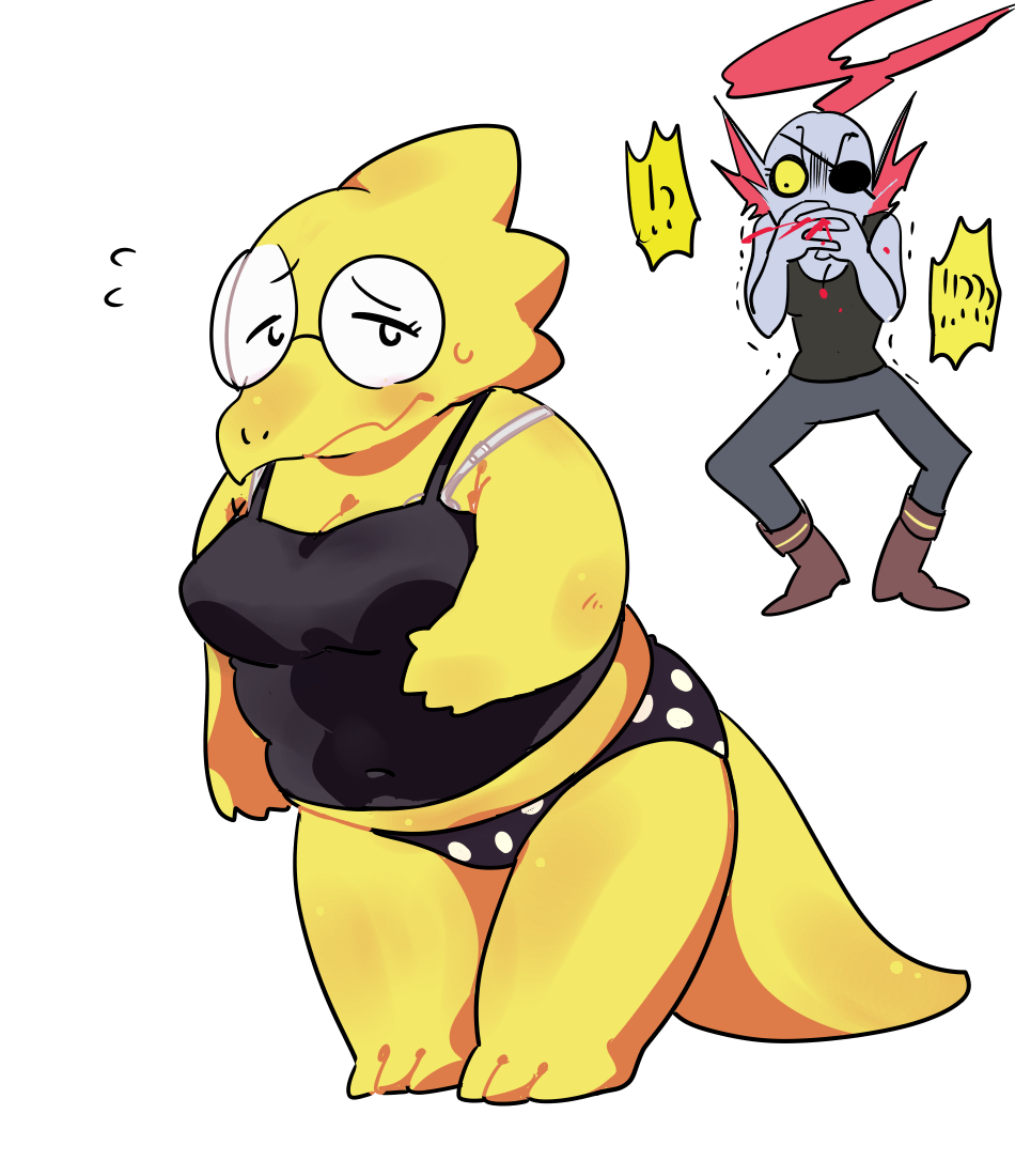 !? 1girl 2010s 2016 2_girls 2d 2d_(artwork) alphyne alphys alphys_(undertale) anthro anthro_only black_camisole black_panties blue_body blue_skin boots bra_strap breasts camisole canon_couple chubby chubby_anthro chubby_female couple digital_media_(artwork) duo ear_fins eye_patch eyepatch female_anthro female_only fins fish fish_girl glasses hair head_fins lizard lizard_girl lizard_tail marine monster navel_line non-mammal_breasts nosebleed panties polka_dot_panties red_hair reptile reptile_girl reptile_tail scalie slit_pupils solo_focus tail undertale undertale_(series) undyne unknown_artist unphys video_game_character video_games white_background yellow_body yellow_sclera yellow_skin yuri
