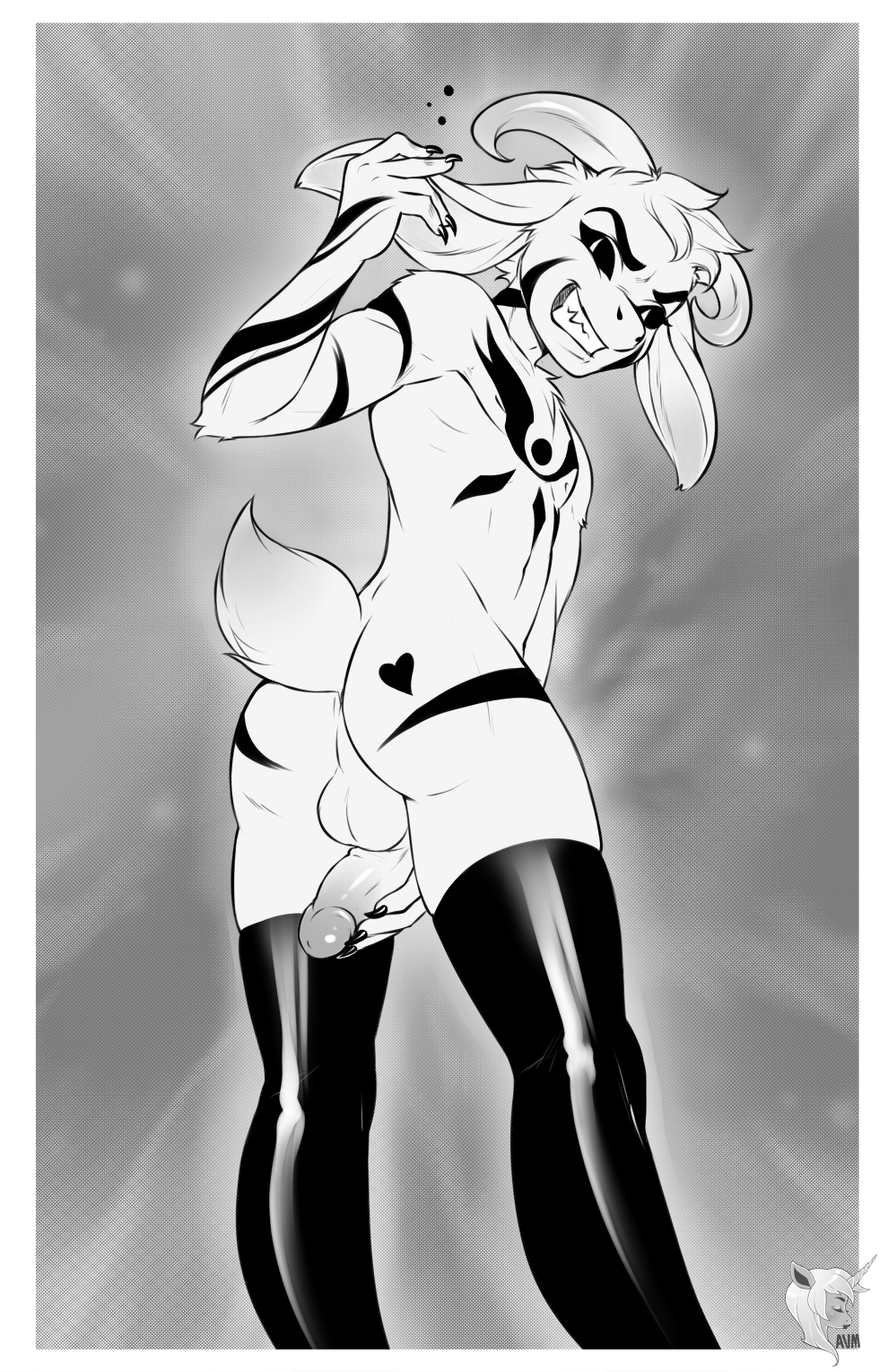1boy 2010s 2015 2d 2d_(artwork) anthro anthro_only anus asriel_dreemurr asriel_dreemurr_(god_of_hyperdeath) ass audiovideomeow backsack balls black_and_white black_hair black_sclera body_markings boss_monster caprine claws digital_media_(artwork) face_markings floppy_ears from_below furry furry_male furry_only goat goat_ears goat_horns grin hair_tuft hand_on_own_penis hand_on_penis heart heart_marking horns legwear looking_at_viewer male male_anthro male_only monster monster_boy nude nude_anthro nude_male penis smiling_at_viewer smirking smirking_at_viewer solo_anthro solo_male stockings tail tail_tuft testicles undertale undertale_(series) video_game_character video_games