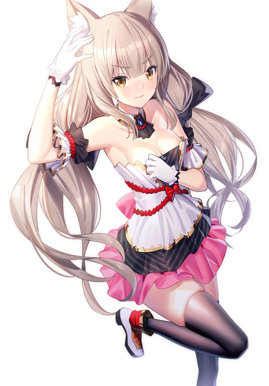 1girl alluring armband cat_ears catgirl core_crystal detached_collar dress gloves grey_hair looking_at_viewer medium_breasts nia nia_(blade) nintendo ririko_(zhuoyandesailaer) shoes small_breasts stockings twin_tails white_dress xenoblade_(series) xenoblade_chronicles_2 yellow_eyes