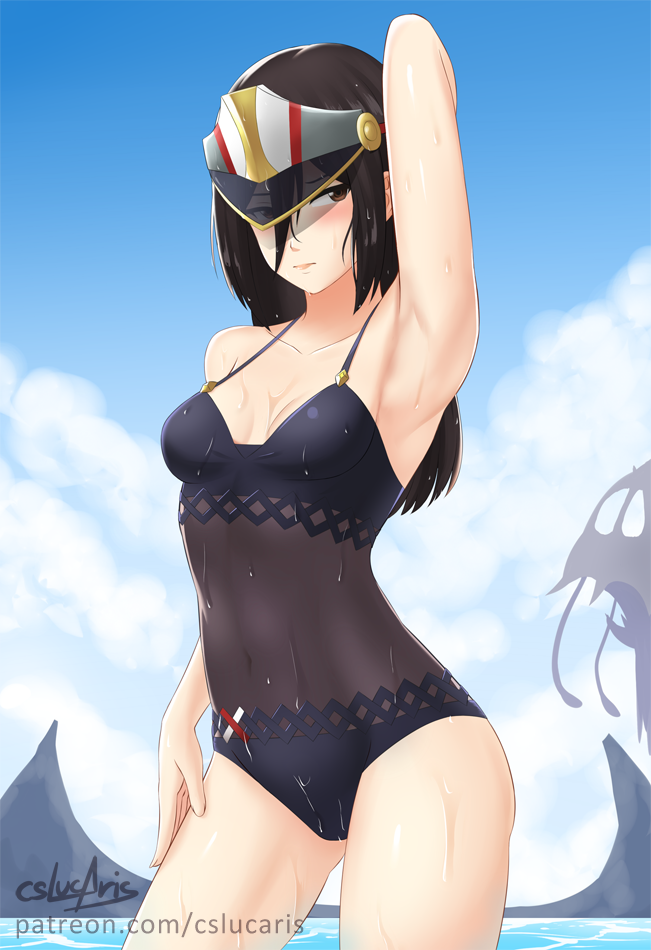 1girl 1girl alluring arm_up black_hair black_one-piece_swimsuit blush breasts brown_eyes caustics collarbone covered_navel cslucaris day from_side gloves hair_between_eyes hat long_hair medium_breasts morag_ladair morag_ladair_(obligatory_leave)_(xenoblade) mountainous_horizon nintendo one-piece_swimsuit outside see-through simple_background standing swimsuit visor water wet xenoblade_(series) xenoblade_chronicles_2