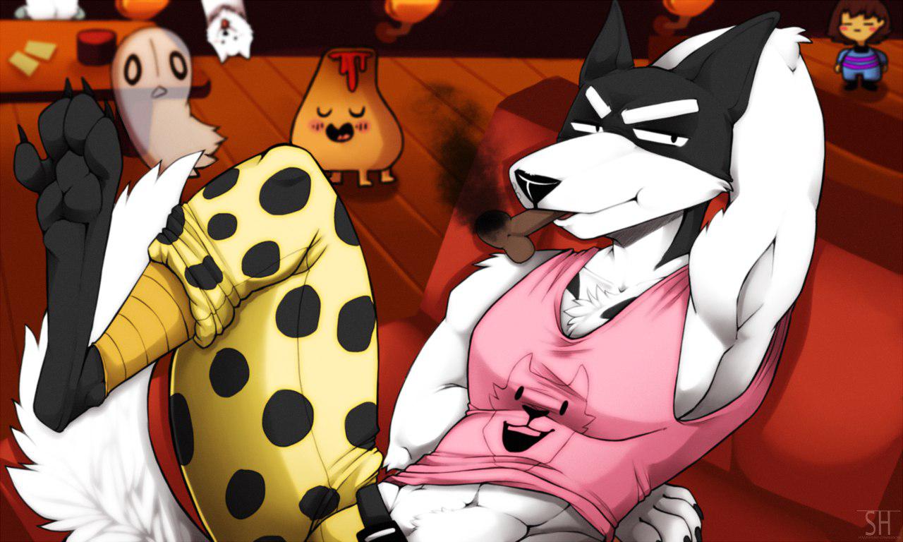 2d 2d_(artwork) anthro anthro_focus armpit armpits background_character bottomwear canid canine canis character_in_background digital_media_(artwork) dog dog_treat doggo_(undertale) domestic_dog duplicate foot frisk frisk_(undertale) furry furry_male ghost hand_behind_back indoors lesser_dog looking_at_viewer male male_focus muscular muscular_male napstablook object_in_mouth pants paws pecs pink_tank_top polka_dot_pants smoking solo_focus spazzyhusky tank_top tanktop topwear undertale undertale_(series) video_game_character video_games vulkin yellow_bottomwear yellow_pants