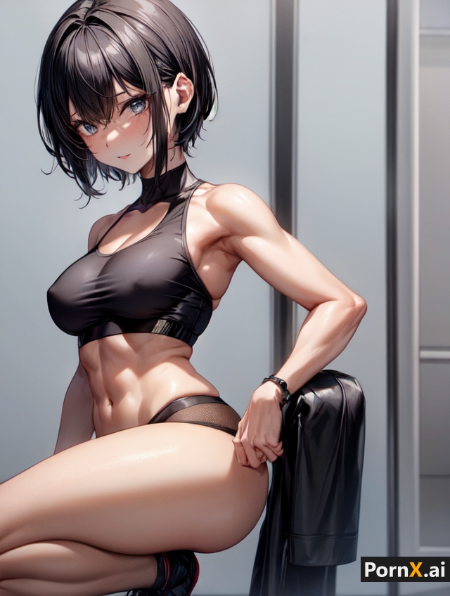 1girl abs ai_generated ass athletic_female black_hair blue_eyes blush blushing_at_viewer cleavage_cutout ear ears erect_nipples erect_nipples_under_clothes exposed_belly exposed_stomach exposed_thighs female_only fit_female looking_at_viewer midriff muscular_female navel pooplool pornx.ai round_ass round_butt sfw solo_female sportswear tagme thighs thin_female tomboy white_wall