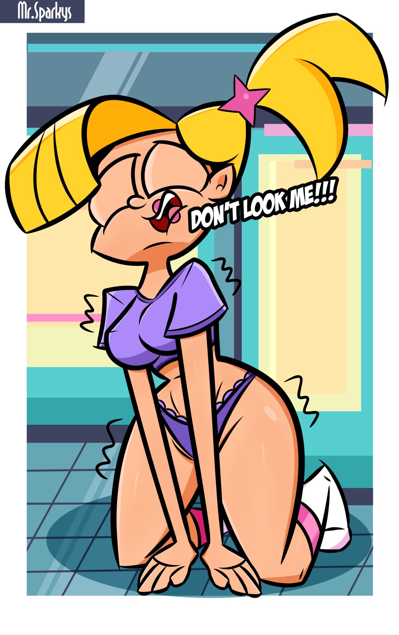1girl 1girl 1girl blonde_hair closed_eyes clothed embarrassed female_only light-skinned_female light_skin looking_at_viewer mrsparkys nickelodeon open_mouth partially_clothed text the_fairly_oddparents veronica_star yellow_hair