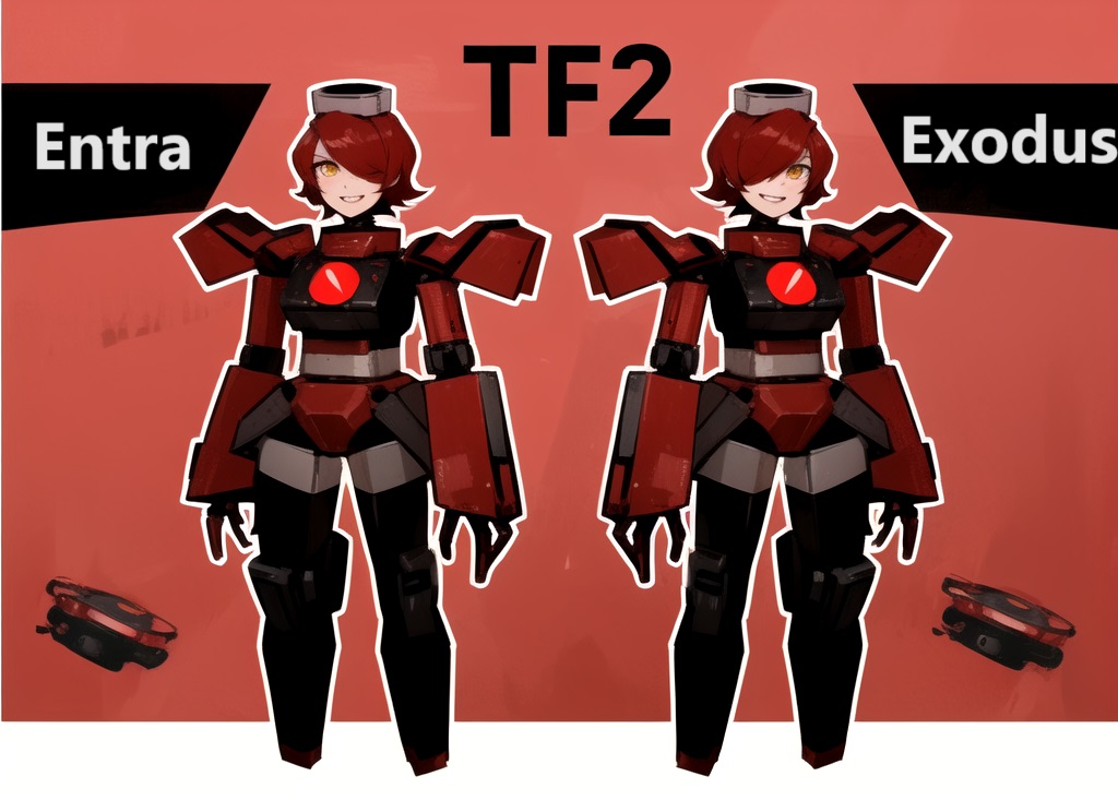1girl 2_girls ai_generated asymmetrical_hair bell_haircut bob_cut exposed_thighs female_only first_porn_of_character hair_covering_eye hair_over_eye hair_over_one_eye happy happy_female metallic_body pixai pooplool red_background red_hair robot_girl sfw short_hair team_fortress_2 teleporter_twins tf2 tomboy twins yellow_eyes