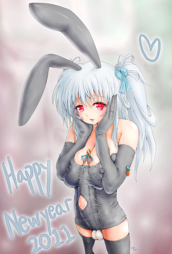1futa 2010 2011 animal_ears aya_(thon2hk) aya_shobon big_breasts breasts bulge bunny_ears bunny_girl bunnysuit cameltail carrot cleavage ears elbow_gloves futa_only futanari gloves hair hair_ribbon happy_new_year heart huge_penis intersex new_year original original_character penis ponytail red_eyes ribbon side_ponytail signature testicles text twin_tails urethral_insertion white_hair