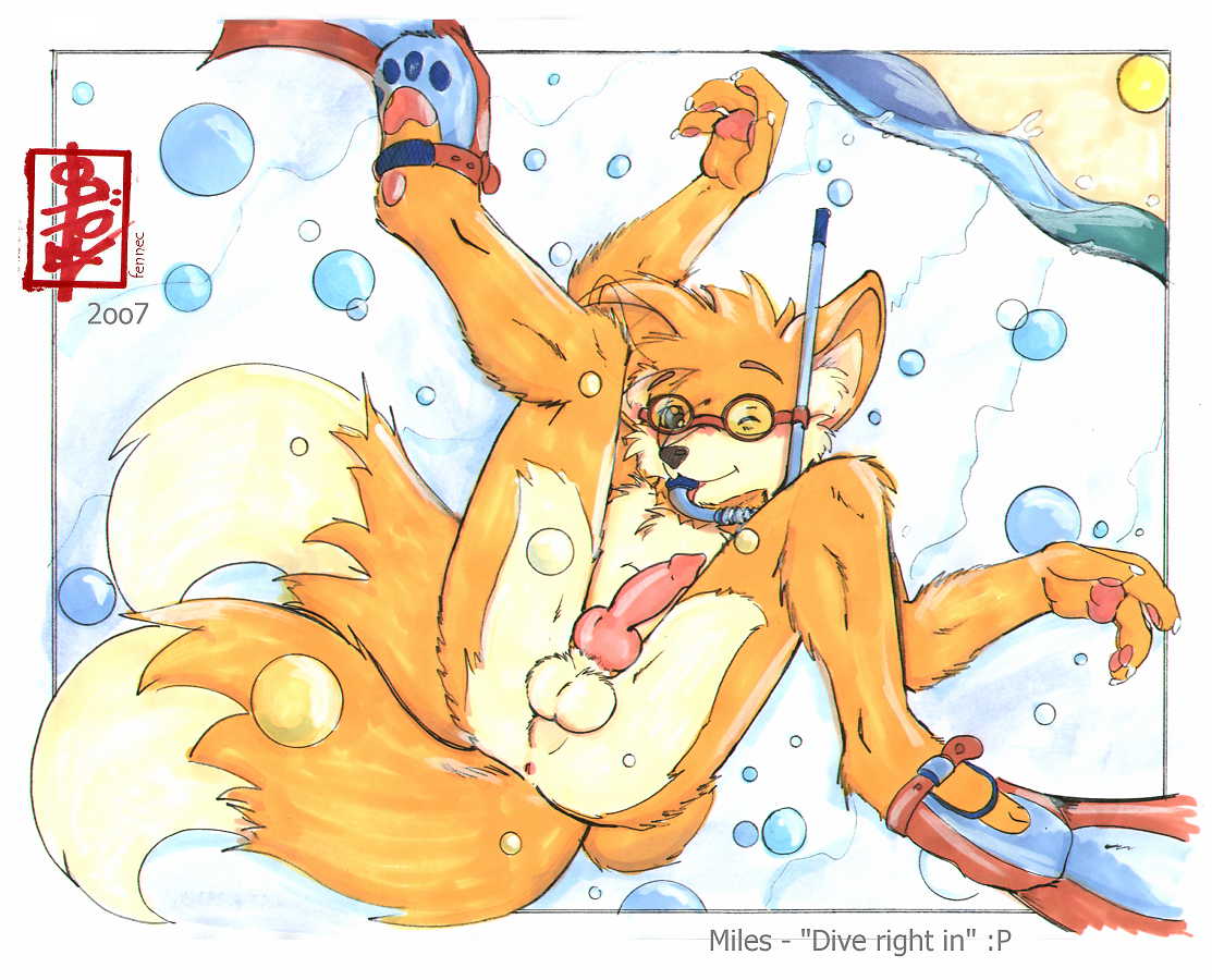 1boy 2007 anthro anus balls bubbles canine canine_penis caption chest_tuft claws erection fennec_(artist) flippers fox fur furry goggles hindpaw kitsune knot legs_up male male_only miles_"tails"_prower multiple_tails ocean one_closed_eyes orange pawpads penis sega snorkel snorkeling solo sonic_(series) sonic_the_hedgehog_(series) swimming tail underwater water wink