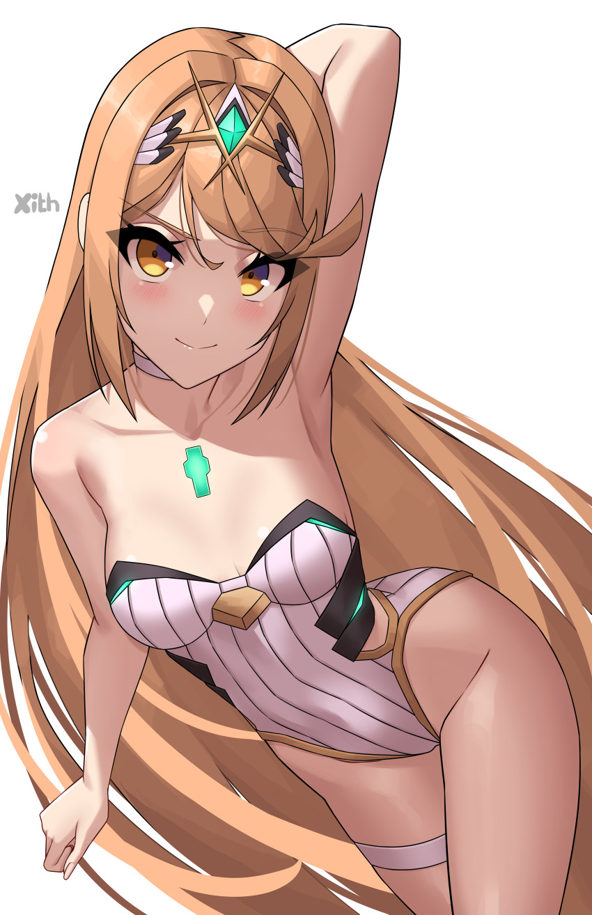 1girl absurd_res alluring arm_up artist_name bare_shoulders blonde_hair breasts brown_eyes chest_jewel choker closed_mouth collarbone commentary english_commentary eyelashes gold_trim high_res leaning_to_the_side long_hair looking_at_viewer medium_breasts mythra mythra_(radiant_beach)_(xenoblade) official_alternate_costume one-piece_swimsuit parted_bangs ribbed_swimsuit simple_background smile strapless strapless_one-piece_swimsuit swept_bangs swimsuit thigh_strap thighs tiara very_long_hair white_background white_choker white_one-piece_swimsuit x_xith_x xenoblade_(series) xenoblade_chronicles_2 yellow_eyes