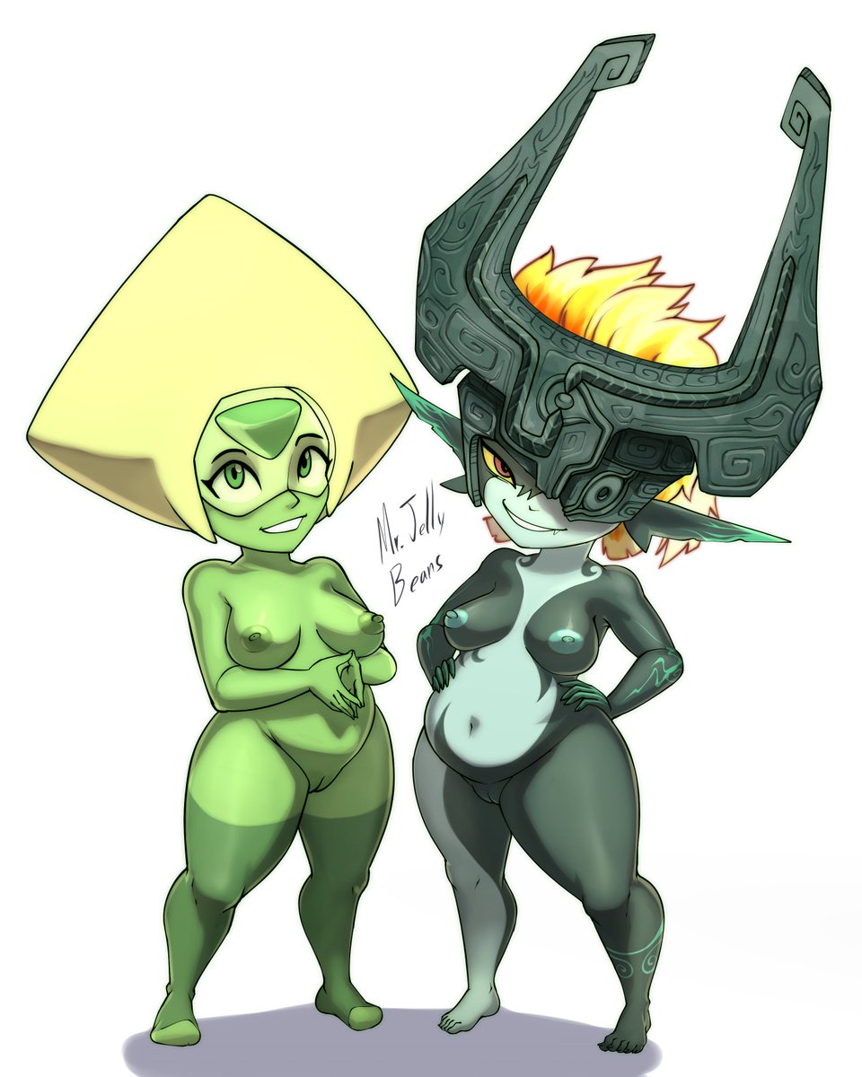 1girl 2_girls 2females artist_signature blue_nipples crossover exposed_breasts exposed_nipples exposed_pussy female_focus female_only green_eyes green_nipples green_skin hands_on_hips imp_midna looking_at_viewer midna mr.jellybeans naked_female nude nude nude_female patterned_body peridot_(steven_universe) pointy_ears shaded shaved_pussy shortstack slightly_chubby small_breasts smirk smirking smirking_at_viewer steven_universe the_legend_of_zelda twilight_princess white_background yellow_eyes yellow_hair