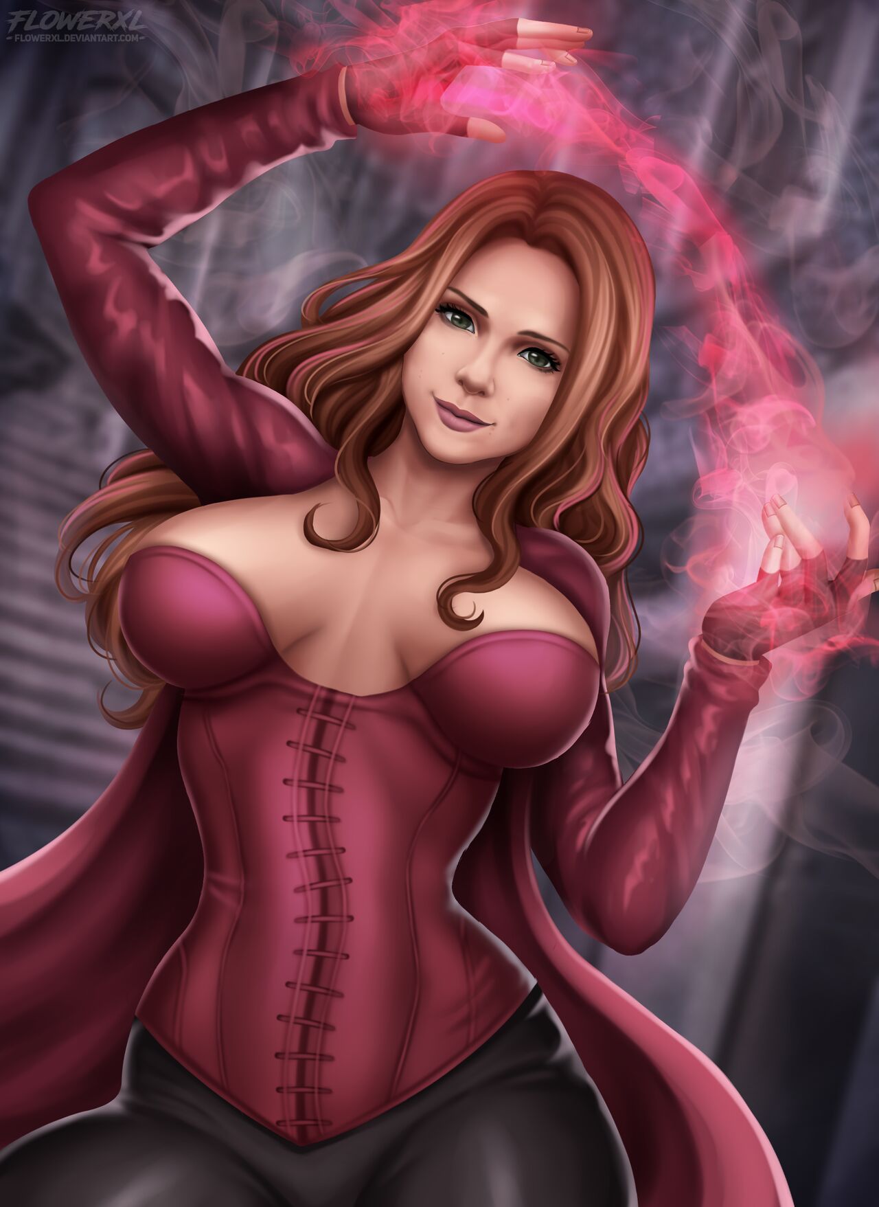 1female 1girl 1girl artist_logo avengers black_pants breasts breasts_apart brown_hair cape female_only fit_female flowerxl front_view fully_clothed huge_breasts light-skinned_female light_skin long_hair looking_at_viewer marvel marvel_cinematic_universe pants pink_lipstick red_cape red_eyes scarlet_witch wanda_maximoff wide_hips