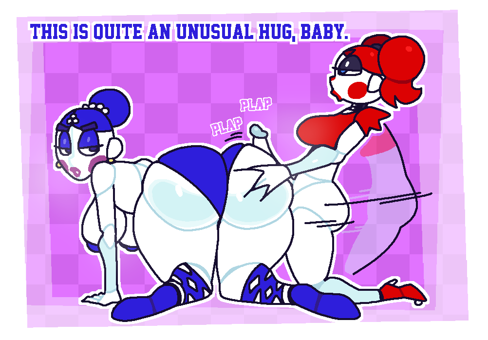 1futa 1girl ass ass ballerina ballora blue_eyes blue_hair bottomless circus_baby clothed crushtrap9 dialogue five_nights_at_freddy's five_nights_at_freddy's:_sister_location futanari futanari_on_female penis red_hair speech_bubble text