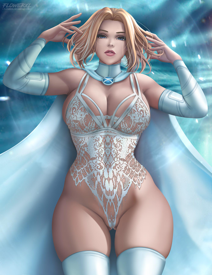 1girl big_breasts breasts cleavage emma_frost female_only flowerxl full_cleavage lingerie looking_at_viewer marvel marvel_comics teddy_(clothing) thick_thighs white_lingerie white_queen wide_hips x-men