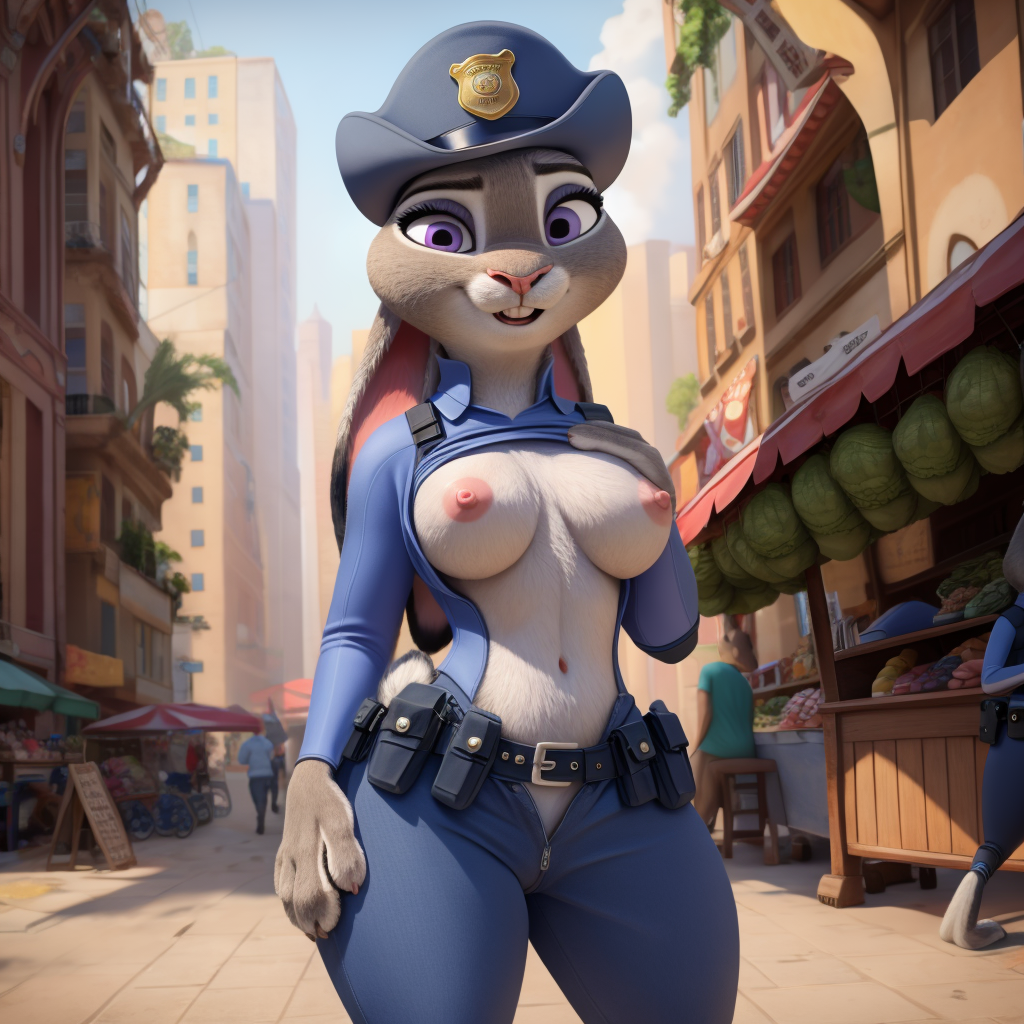 1girl ai ai_generated aiart aiartist aiartwork anthro anthro_focus anthro_only breasts breasts_out breasts_out_of_clothes breasts_outside city city_background female_focus female_only fur furry furry_female furry_only judy_hopps mammal market marketplace police police_hat police_uniform policewoman public public_nudity rabbit rabbit_girl solo_female solo_focus zootopia