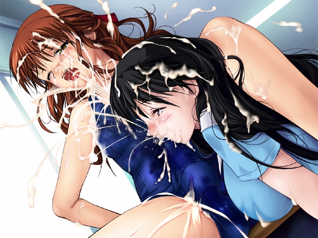 2girls artist_request black_hair blush breasts brown_eyes brown_hair bukkake bulge cameltail cum cum_explosion cum_on_body cum_on_clothes cum_on_lower_body ejaculation facial fellatio futanari hair intersex large_breasts long_hair lowres multiple_girls one-piece_swimsuit open_mouth oral penis sitting swimsuit wink