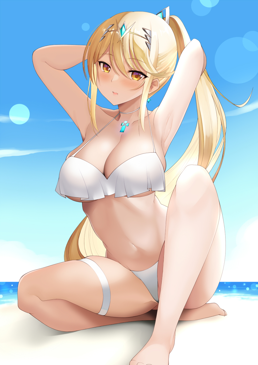 1girl alluring beach big_breasts bikini blonde_hair breasts choker clouds core_crystal daive earrings hands_behind_head looking_at_viewer midriff mythra navel nintendo ocean outside ponytail sky swimsuit thigh_strap tiara water white_bikini white_swimsuit xenoblade_(series) xenoblade_chronicles_2 yellow_eyes