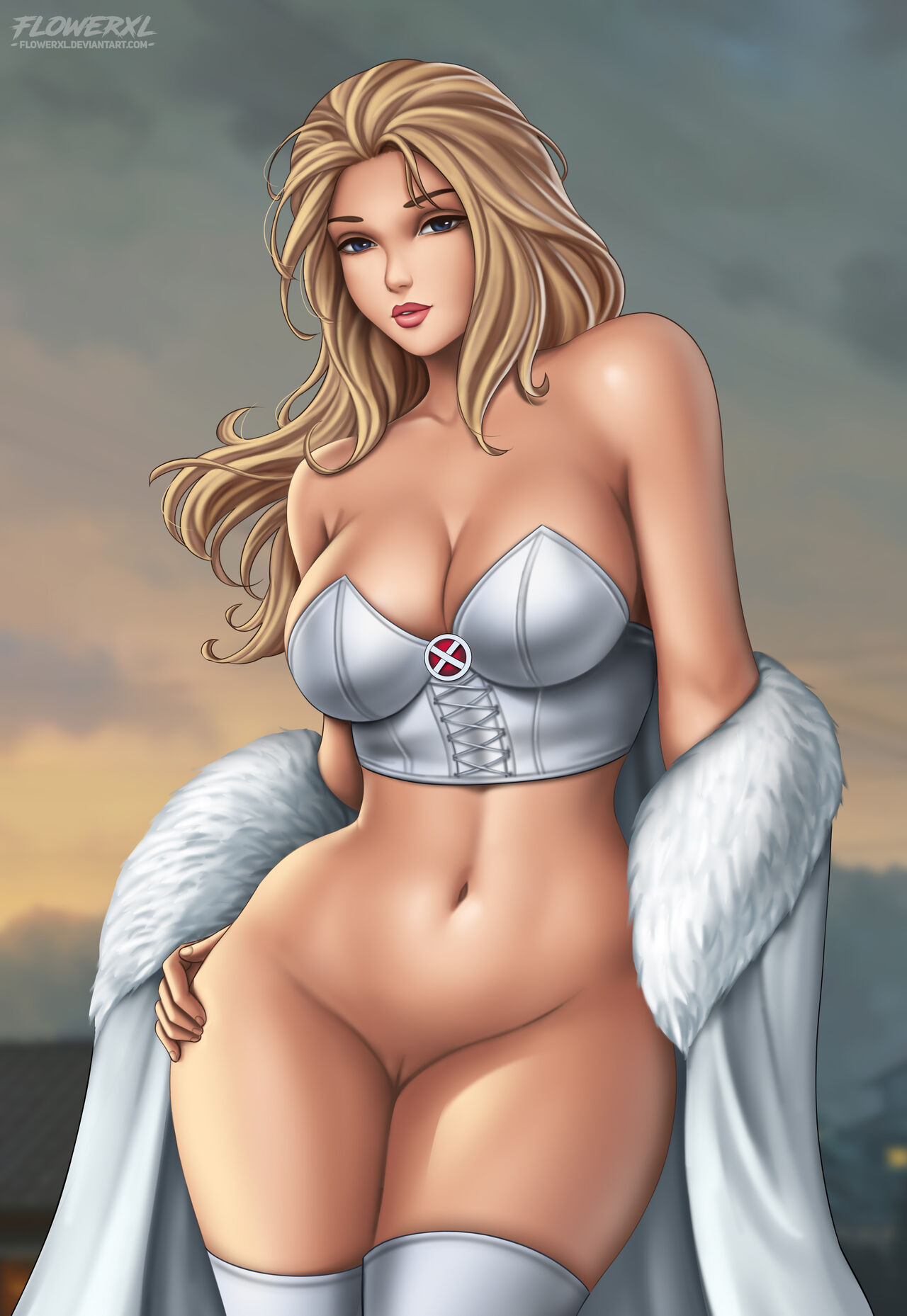 1girl alternate_version_available artist_logo big_breasts black_eyebrows blonde_female blonde_hair blue_eyes breasts coat comic_book_character detailed_background emma_frost female_only flowerxl hand_on_thigh long_hair marvel marvel_comics no_panties pale-skinned_female pussy thighs white_high_heels white_queen white_topwear x-men