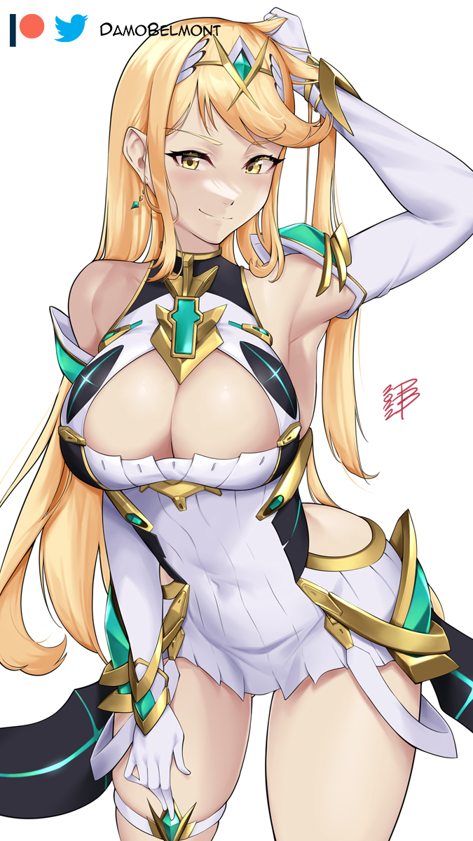 1girl alluring arm_behind_head artist_name big_breasts blonde_hair cleavage covered_navel damodar dress female_only hand_on_leg hand_on_own_leg hand_on_own_thigh hand_on_thigh high_res leaning_forward legs long_hair looking_at_viewer mythra nintendo pose sensual smile thick_thighs thighs voluptuous xenoblade_(series) xenoblade_chronicles_2 yellow_eyes