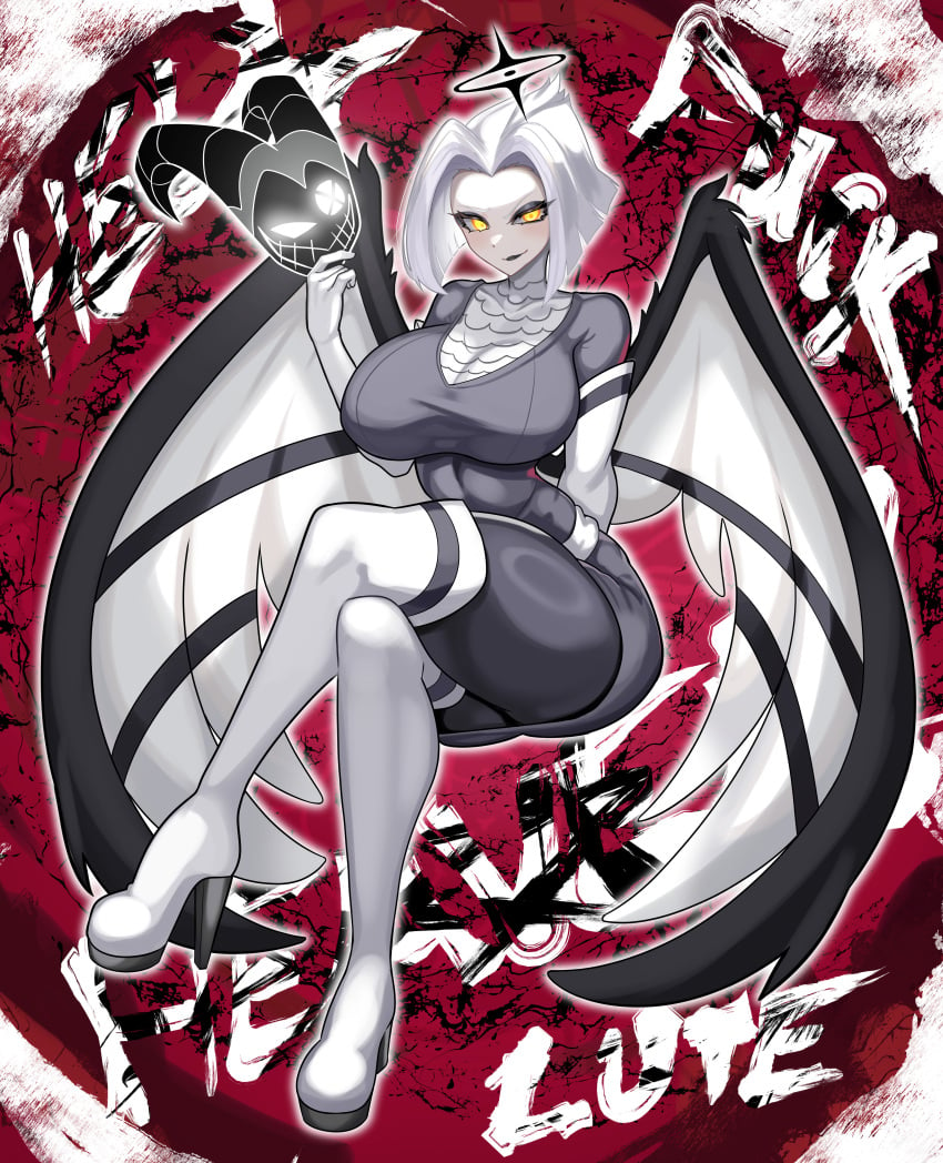 1angel 1girl angel angel_girl angel_wings aureola big_breasts blush breasts_bigger_than_head clothed clothing color female_focus female_only glowing_eyes hazbin_hotel helmet high_res light-skinned_female light_skin looking_at_viewer lute_(hazbin_hotel) nez-box short_hair solo_female thick_thighs vivienne_medrano white_hair yellow_eyes
