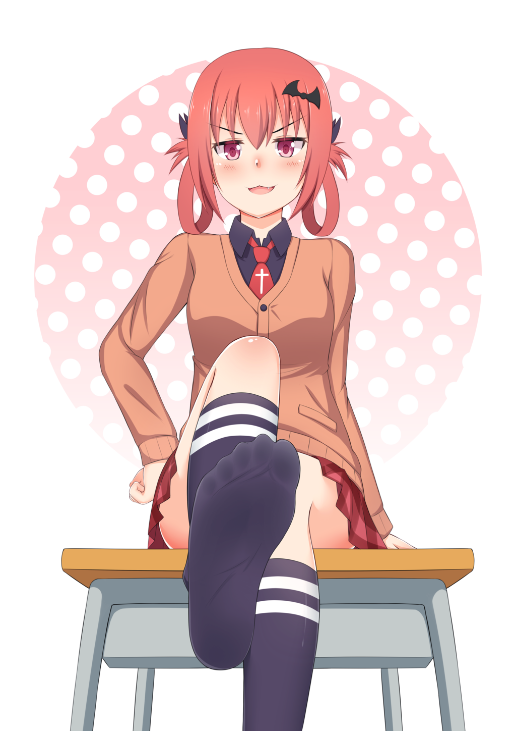 1girl 1girl blue_legwear blush breasts cardigan commentary_request desk fang feet foot_focus gabriel_dropout hand_on_own_hip high_res kneehighs leg_lift long_hair looking_at_viewer lululewd no_shoes open_mouth red_eyes red_hair satanichia_kurumizawa_mcdowell sitting socks soles toes twin_tails