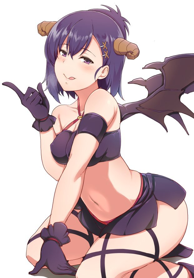 1girl 1girl :q bad_id bad_twitter_id black_gloves blush breasts covered_nipples demon_girl demon_horns demon_wings gabriel_dropout gloves hair_ornament hallelujah_essaim heavy_breathing horns index_finger_raised kneel looking_at_viewer medium_breasts midriff navel pencil_skirt purple_eyes purple_hair short_hair simple_background skirt smile suisen_toire_(moko924) thigh_strap tongue tongue_out vignette_tsukinose_april white_background wings x_hair_ornament