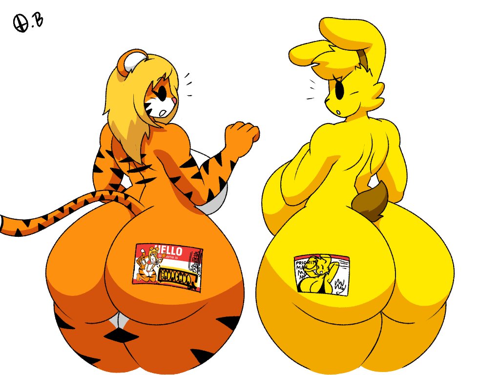 1girl 2_girls anthro ass big_ass big_breasts blonde_hair breasts english_text felid female_only furry highres lagomorph looking_back mammal nude omegabrawl open_mouth poster posterbunbun rabbit shunchun_(the-urban-tiger) simple_background simple_eyes sticker surprised text thick_thighs thighs tiger white_background