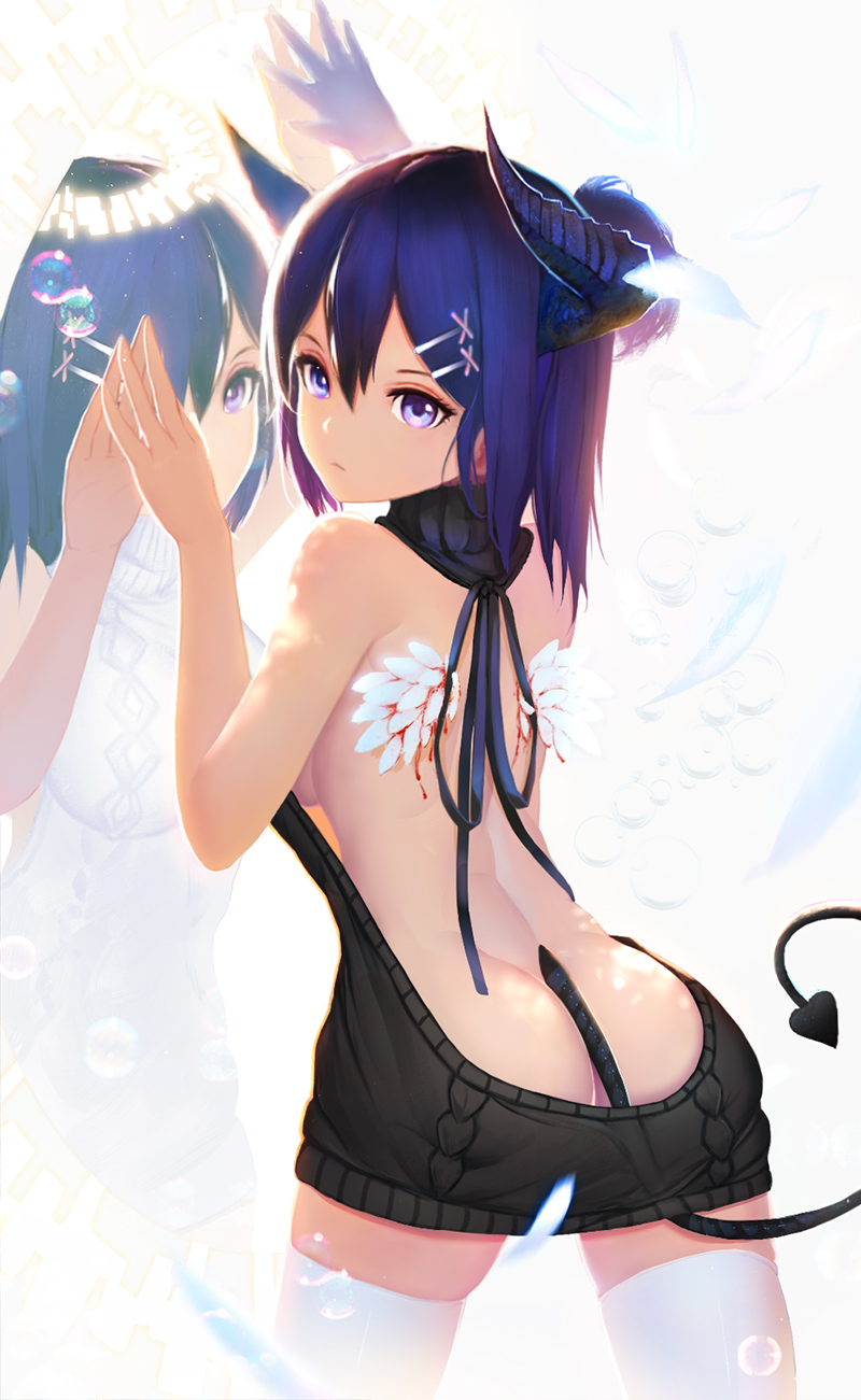 1girl 1girl angel angel_and_devil angel_wings aran_sweater arm_up ass backless_dress backless_outfit bare_arms bare_back bare_shoulders black_sweater black_vs_white blood blue_eyes blue_hair blush breasts cable_knit chinese_commentary closed_mouth commentary_request cowboy_shot demon_girl demon_horns demon_tail different_reflection dress dripping eyelashes feathered_wings feathers from_behind frown gabriel_dropout hair_between_eyes hair_ornament hairclip halo hand_up heart high_res horns injury looking_at_viewer looking_back medium_breasts meme_attire motion_blur naked_sweater nooko one_eye_covered photoshop_(medium) purple_eyes purple_hair reflection short_hair sideboob stockings sweater sweater_dress tail turtleneck turtleneck_sweater vignette_tsukinose_april virgin_killer_sweater white_sweater white_thighhighs wings x_hair_ornament